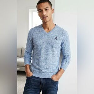 Express Men's Heathered Blue V-Neck Sweater